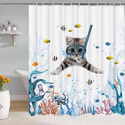Funny Cat Shower Curtain,Cute Cat Teal Blue Sea OceanShower Curtain Set,Underwater Animal Fabric Shower Curtains for Bathroom