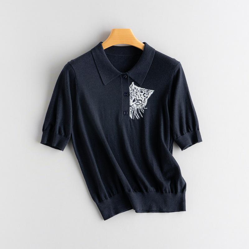 

100% Чистый Кашемир Пуловер с Коротким Рукавом, Воротником Поло, Интарсией и Разрезными Рукавами L темно-синий