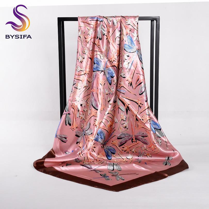 [BYSIFA] Chinese Pink Peony Women Satin Silk Scarf Cape  New Navy Blue Elegant Ladies Neck Head Scarf Spring Autumn Scarves