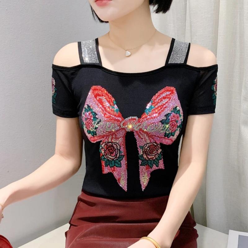 TrendHub Sexy Off Shoulder T Shirt for Women Luxury Flower Diamonds Short Sleeve Tee Summer Fashion Womens Mesh Tee Shirts Top