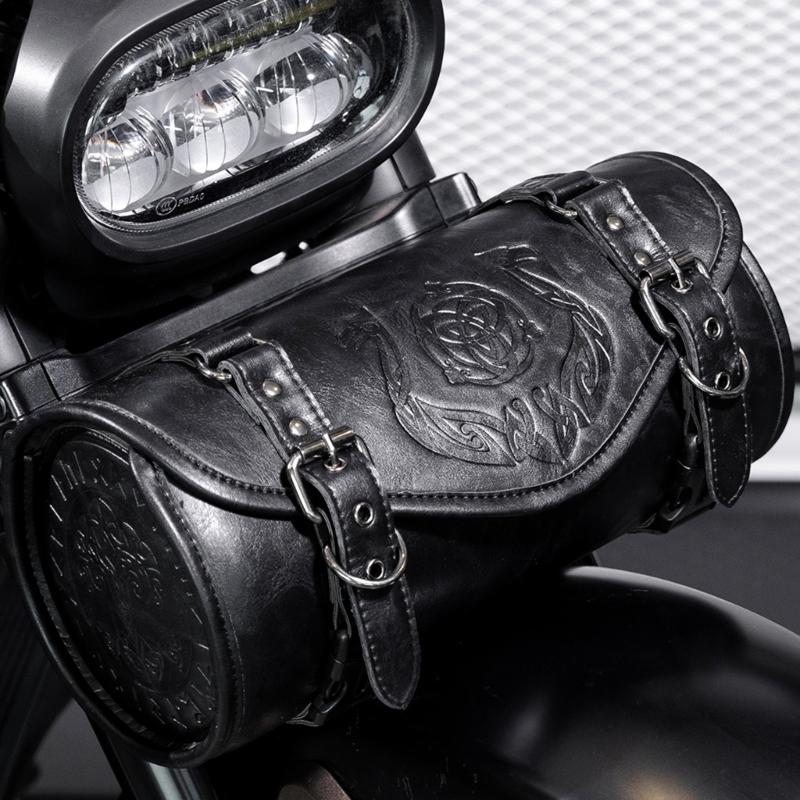 Motorcycle Front Tool Bag Gothic Style Design PU Leather Construction Waterproof Storage Easy Installation
