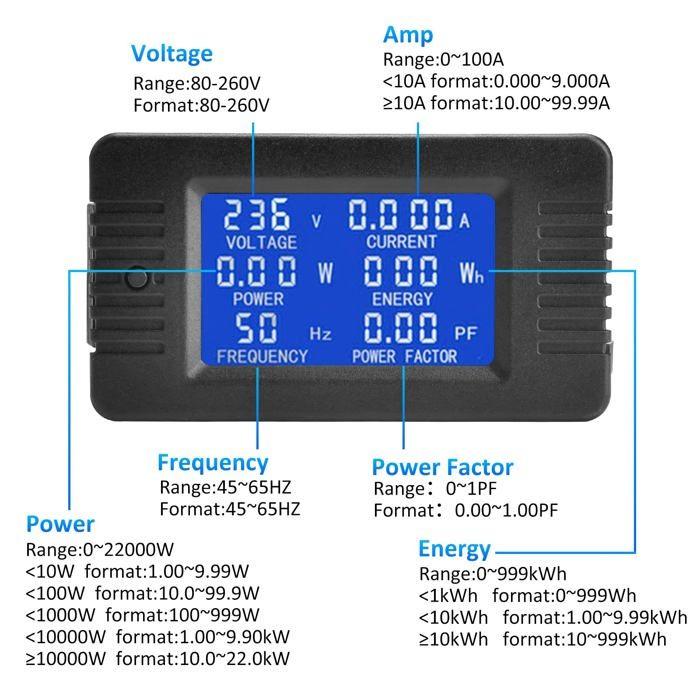 AIMOONSA Multimètre LCD 6-en-1 Ampèremètre Voltmètre AC 80-260V 0-100A Compteur de Puissance
