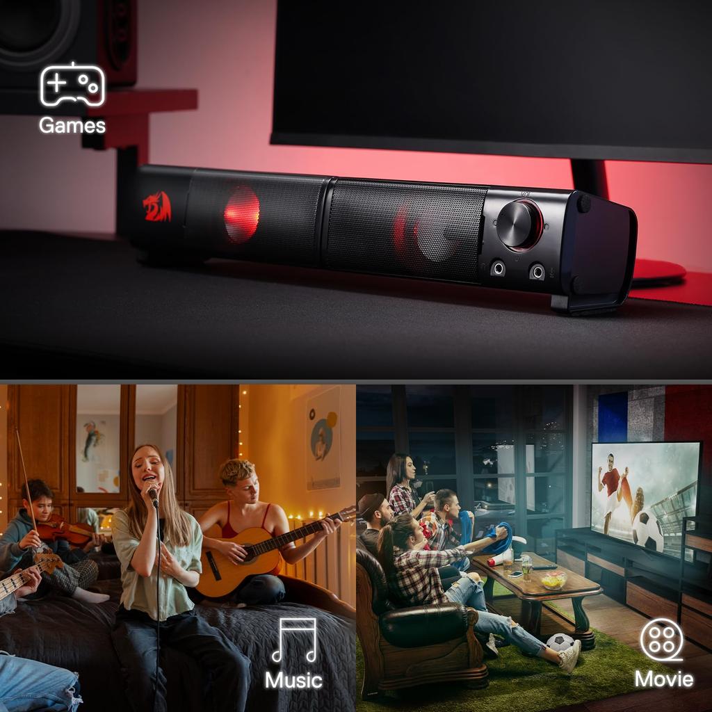 Redragon GS550 PC Gaming Channel Soundbar for Desktop Compact and Controllable Headphone Red USB Cable Included Speakers, 2.0 Computers, Size, Jack,