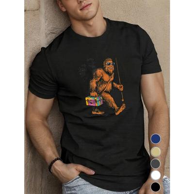European Sizes Sasquatch Fishing T-Shirt for Men - Casual Knit Fabric, Geometric Pattern, Round Neck, Regular Fit, Summer Short Sleeve Top