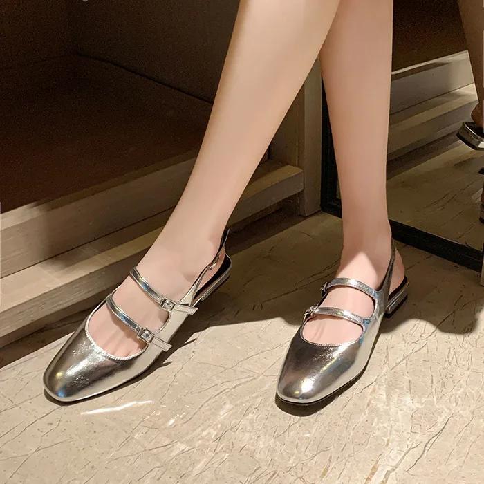 Fashion Women Flats Silver Mary Jane Sandals Female Summer New Leather Mary Jane Strap Fashion Square Toe Shallow Elegant Flats Pumps
