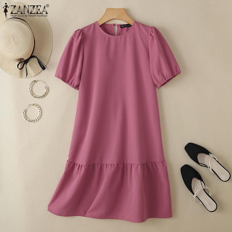 ZANZEA Women Casual Round Neck Short Sleeve Summer Dress