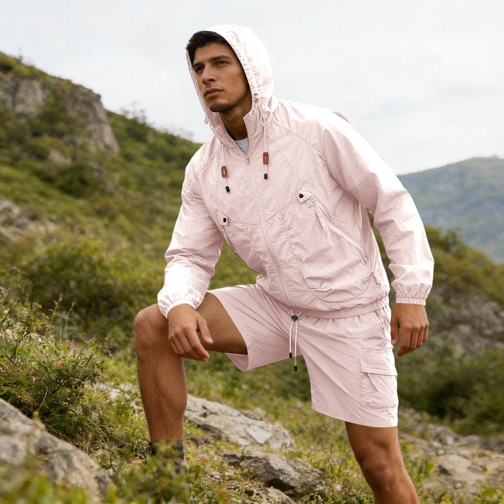 Men's Silk Quick-drying Hooded Coat With Sun , Thin , Casual Sports Sun Clothing, Shorts + Long-sleeved Set