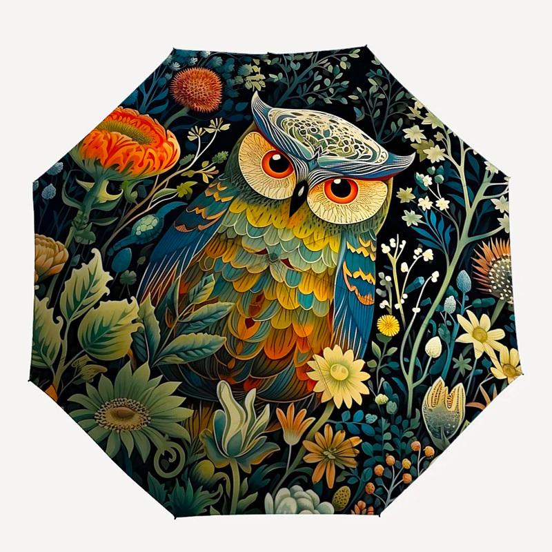 1pc Elegant Floral Owl Design Automatic Folding Umbrella, Portable 3-Fold Design with 8-Bone Iron Frame, Perfect for Outdoor Use, Festive Gifts, Trave