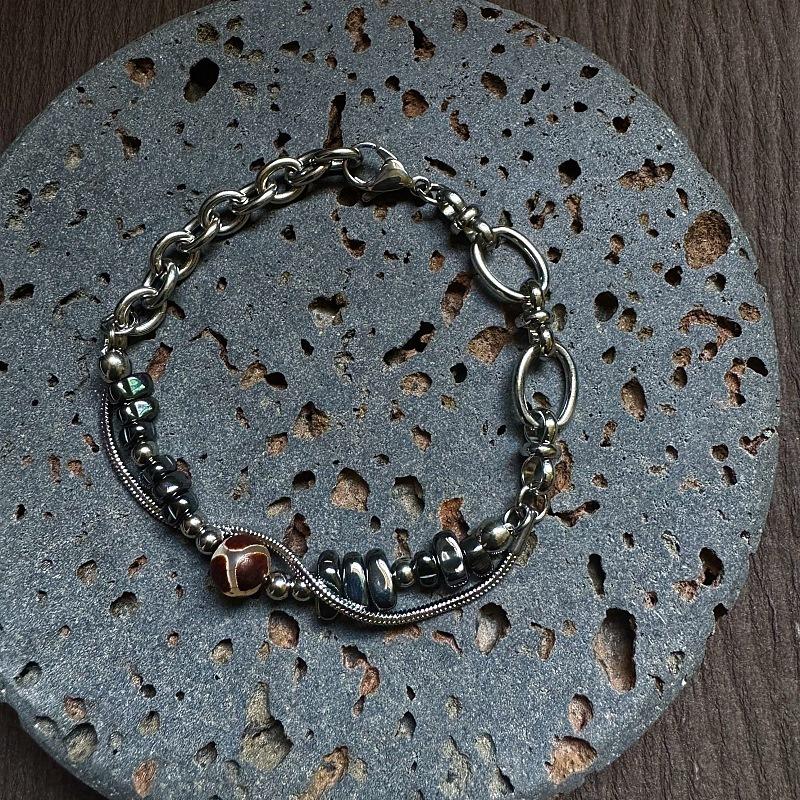 Black Gallstone Titanium Steel Bracelet Double Layer Design Hip Hop Vintage Versatile Accessories Street Style