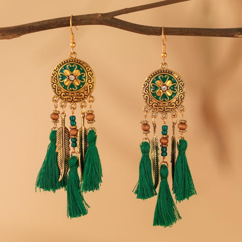 Bohemian Leaf Tassel Earrings for Women Vintage Round Wood Bead Antique Gold Color Alloy Earrings Vacation Party Wedding Jewelry