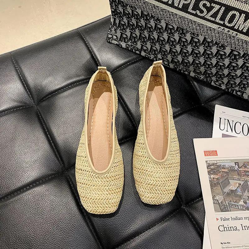 Woman Footwear Kawaii Apricot Shoes For Women With Bow Flats Flat Cute Normal Leather Casual Square Toe Korean Style Chic Point