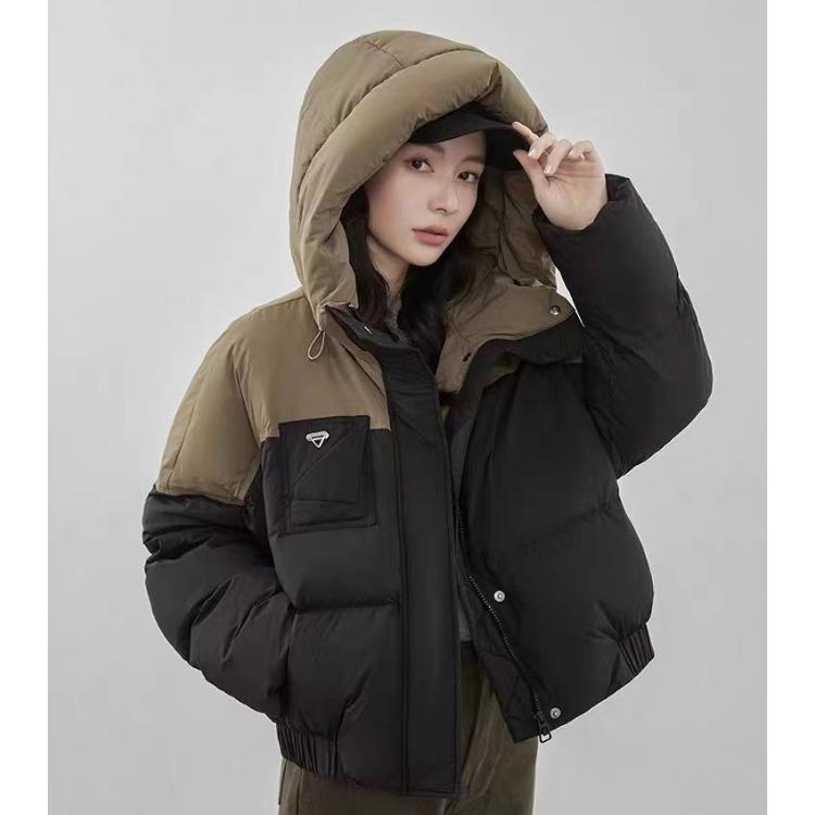 Women's Winter Hooded Short Coat with Down Cotton Patchwork Loose Jacket
