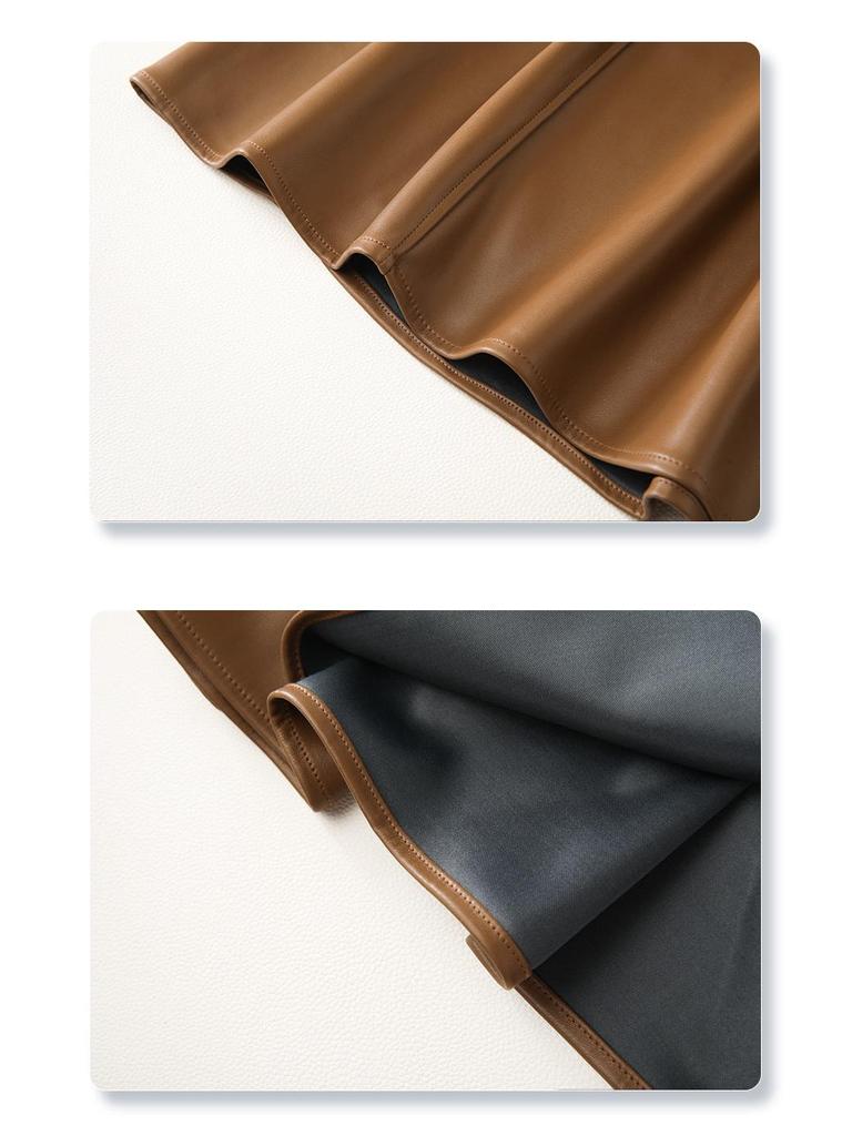 Coffee PU Leather Elastic Waist A-Line Pleated Midi Skirt - Women's 2024 Spring/Autumn Style
