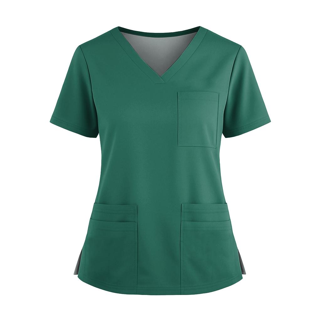 Women's Uniform Color V-Neck Pocket Side Slit Uniform Short Sleeved Top Top