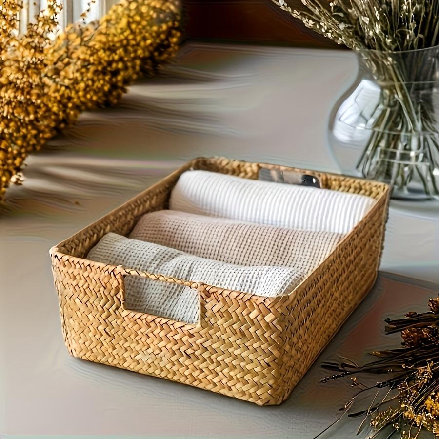 Handwoven Rattan Basket, Rectangular Storage Organizer for Bathroom Bedroom Living Room, Durable Wicker Decor Grocery Bag Holder