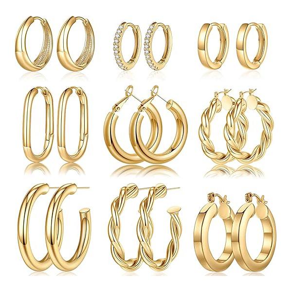 Kolip 9 Pairs Gold Hoop Earrings for Women, 14K Real Gold Plated Chunky Hoop Earrings Set золотой