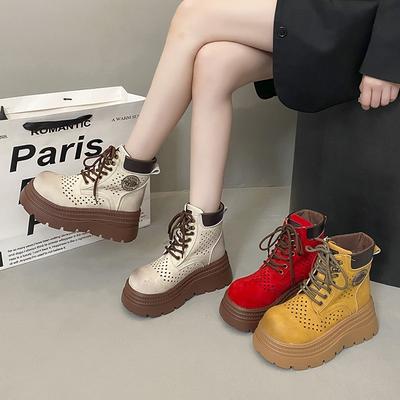 Martin Boots Women's Summer Hollow Breathable Retro Short Boots Thick-soled Matte Soft Leather Rhubarb Boots Outdoor Hiking Shoes