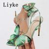 Fashion Liyke Sexy Green Snake Print Leather Ankle Strap Sandals Women Fashion Butterfly Designer High Heels Summer Party Dress Shoes