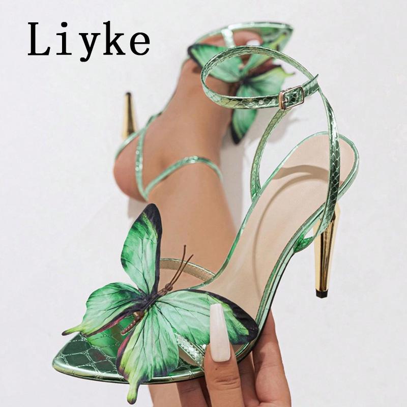 Fashion Liyke Sexy Green Snake Print Leather Ankle Strap Sandals Women Fashion Butterfly Designer High Heels Summer Party Dress Shoes