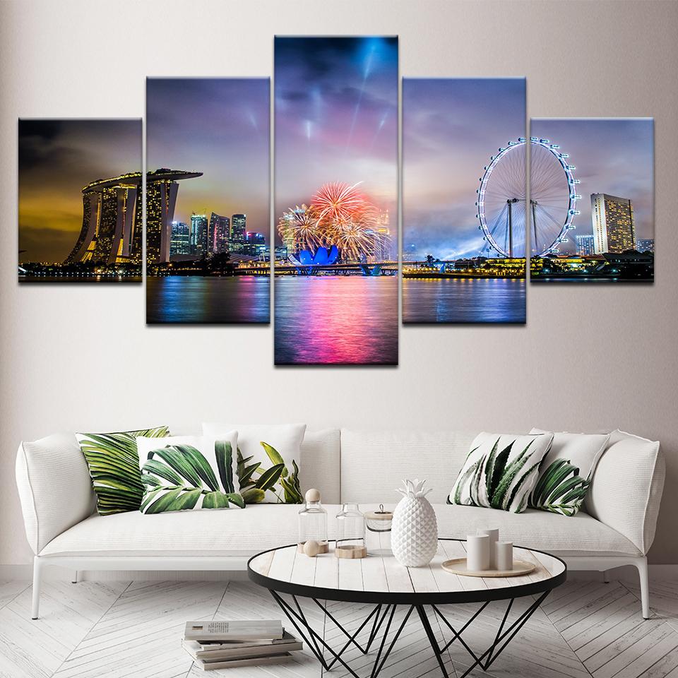 

Canvas Painting fireworks in Victoria Harbour landscape 5 Pieces Wall Art Painting Modular Wallpapers Poster Print Home Decor 20x35 20x45 20x55cm
