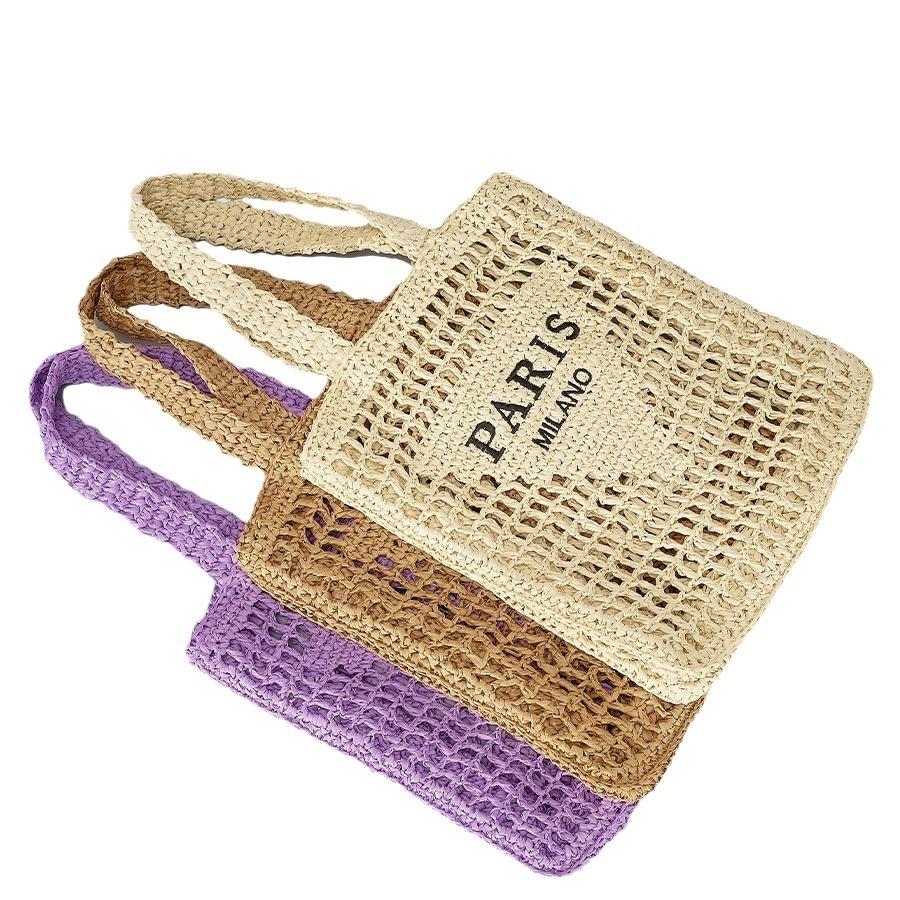 Pure Handmade Woven Handbag Women's Rustic Style Hollow Embroidery Letters Straw Bag Large Capacity Shoulder Bag