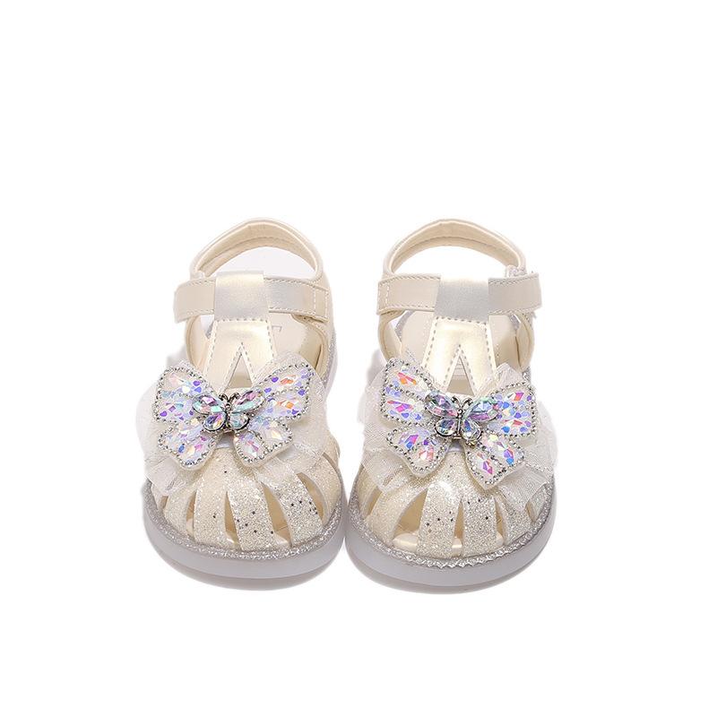 Girls Shoes 2025 New Summer Little Girl Children's Sandals Soft Sole Crystal Butterfly Bag Head Sandals Princess Shoes