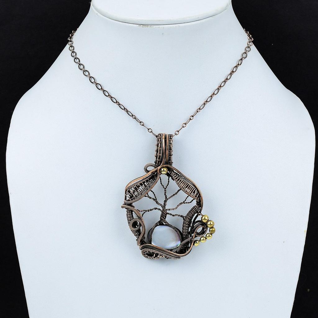 Tree Of Life Mother Of Pearl Pendant Copper Wire Wrapped Gemstone Pendant Handmade Pendants Copper Jewelry Ethnic Style Pendant Gift For Him