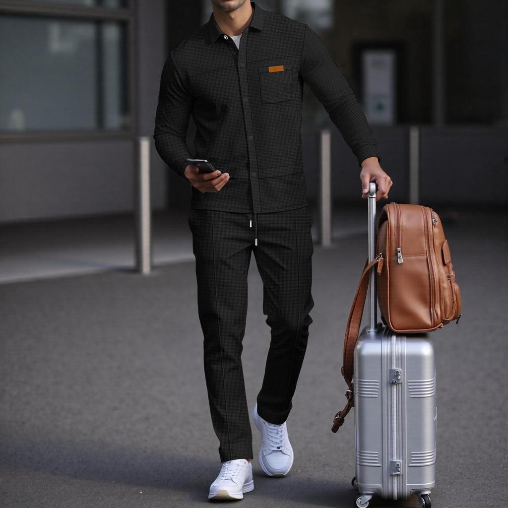 Men's Casual Waffle Knit Set: Solid Color Cardigan Jacket and Long Pants