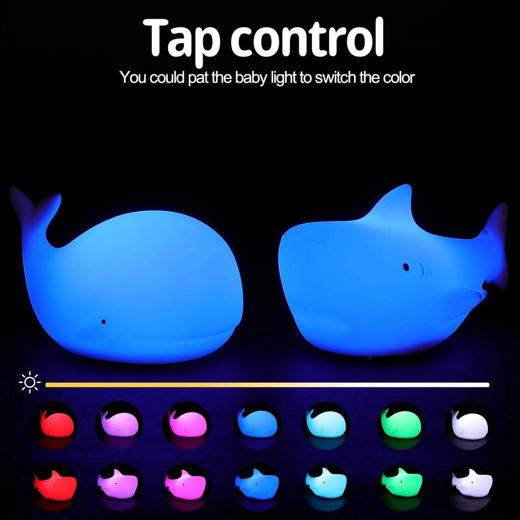 Cartoon Whale Night Light Soft Silicone USB Rechargeable for Night Lighting Children Kids Bedroom Sleep Living Room Lamp Decor