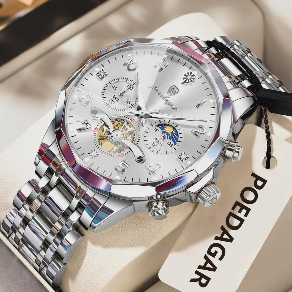 POEDAGAR Exquisite Business Men Watch Waterproof Luminous Chronograph Luxury Man Watches Stainless Steel Men's Quartz Wristwatch