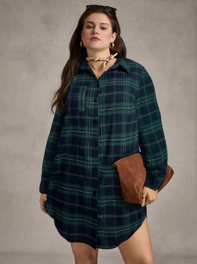 Women s Plus Size Retro Plaid Lapel Long Sleeve Mid-Length Casual Shirt 3XL