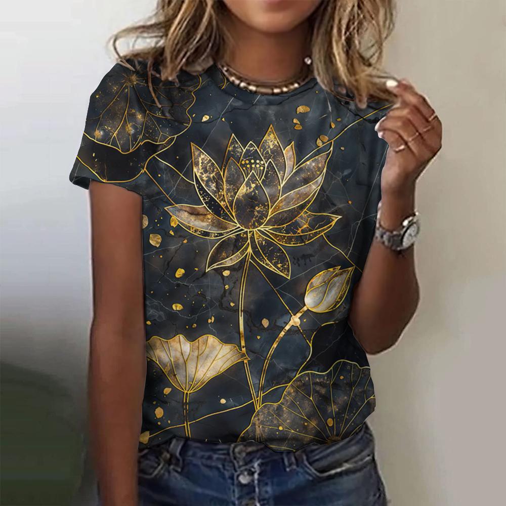 Fashionable 3d Printed Landscape Animal Style Summer Round Neck Short Sleeved Top T-Shirt Casual Versatile Loose Oversized Women