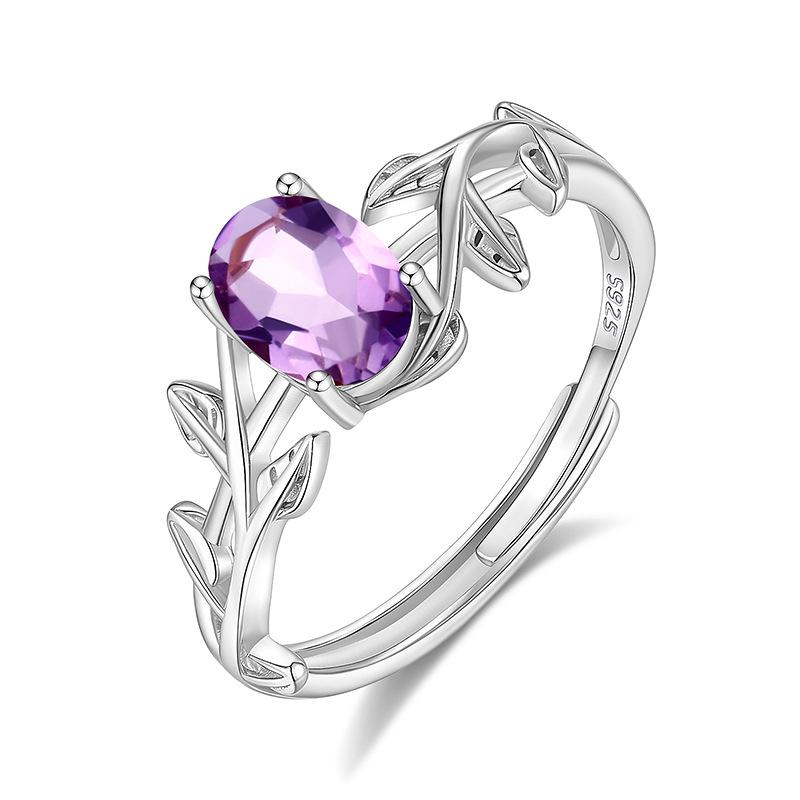 S925 Sterling Silver Natural Crystal Stone Leaf Four-claw Ring Fashion Light Luxury High-end Personality Ring