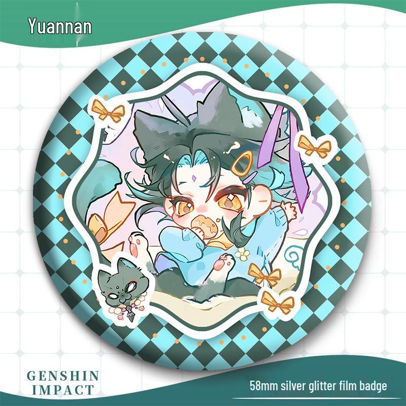Genshin Impact Q Version Metal Badges: Tighnari, Scaramouche, Furina, Kaveh, Zhongli Brooch Set