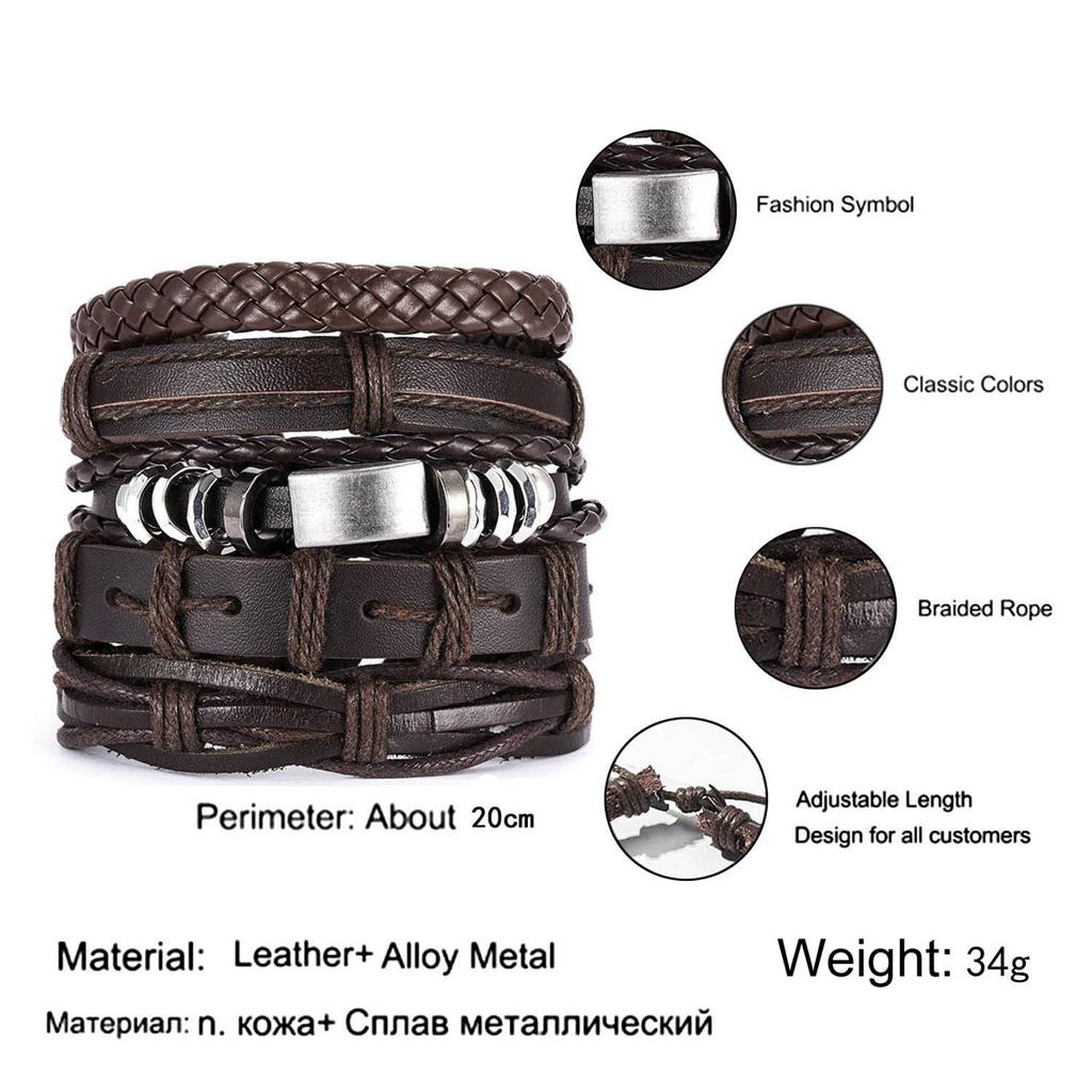 Vintage Multi-layer Feather Star Leather Bracelets For Men Hand-knitted Leaves Rope Wrap Wristband Bracelet Ethnic Party Jewelry