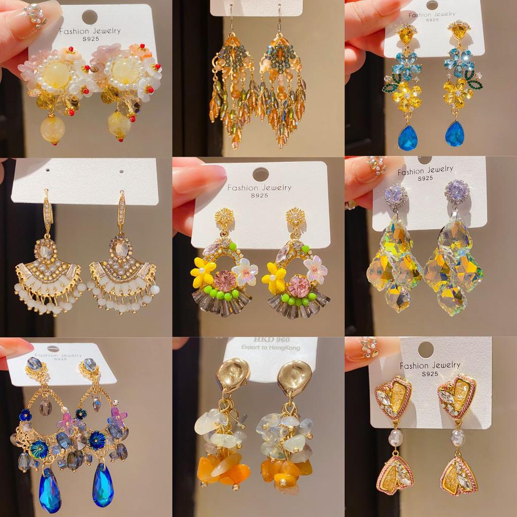 Retro Silver Needle Zircon Glass Water Drop Earrings Court Temperament Stud Earrings Personality Trend Versatile Earrings Women