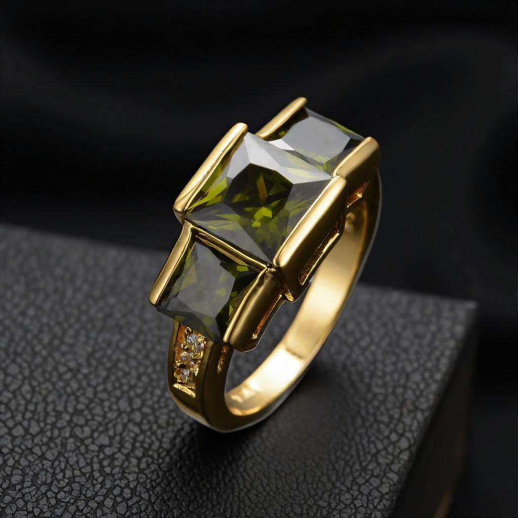 New gold olive green zircon ring, wind personality ring