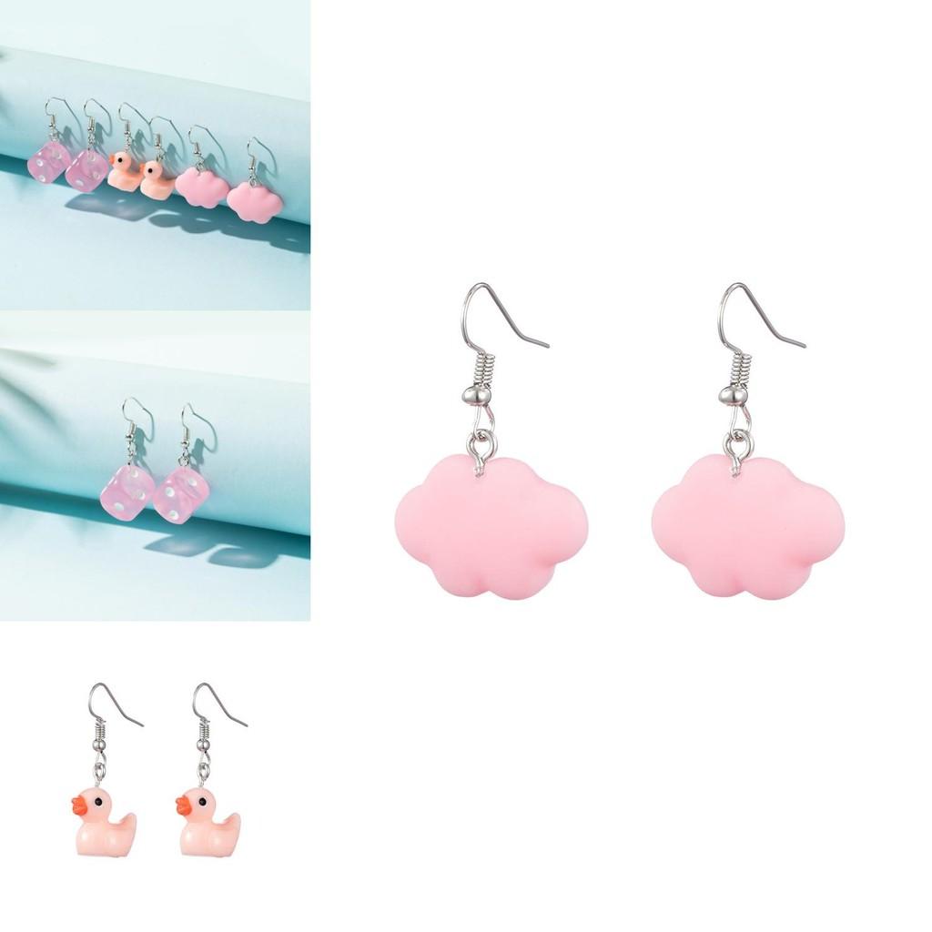 Stylish Pink Resin Earrings Set With White Cloud Duck And Dice Design For Women