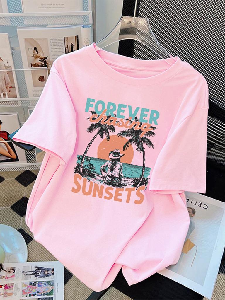 Summer T-Shirts Cotton Womens Forever Chasing Sunsets Cowgirl Printing Short Sleeve Comfortable Soft O-Neck Tops Basic Clothes