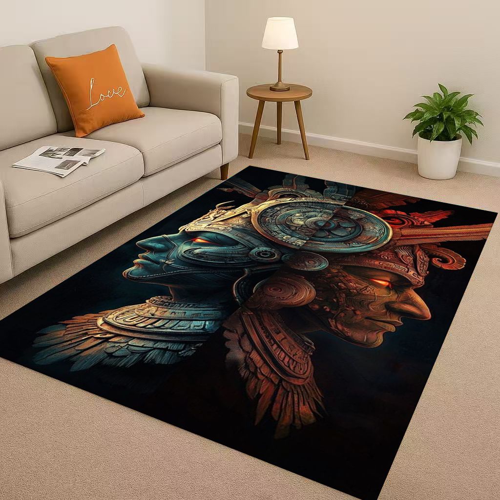 3D Ancient Aztec Totem Maya Mask Sun God Living Room Non-Slip Area Rug Soft Carpet for Bedroom Sofa , Easy Clean Home Doormat