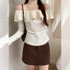 Sweet Lotus Leaf Collar One-word Shoulder Long-sleeved T-shirt Women's Autumn Bottoming Shirt Slim-fitting and Thin Chic Top