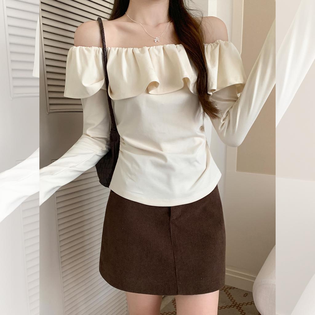 Sweet Lotus Leaf Collar One-word Shoulder Long-sleeved T-shirt Women's Autumn Bottoming Shirt Slim-fitting and Thin Chic Top