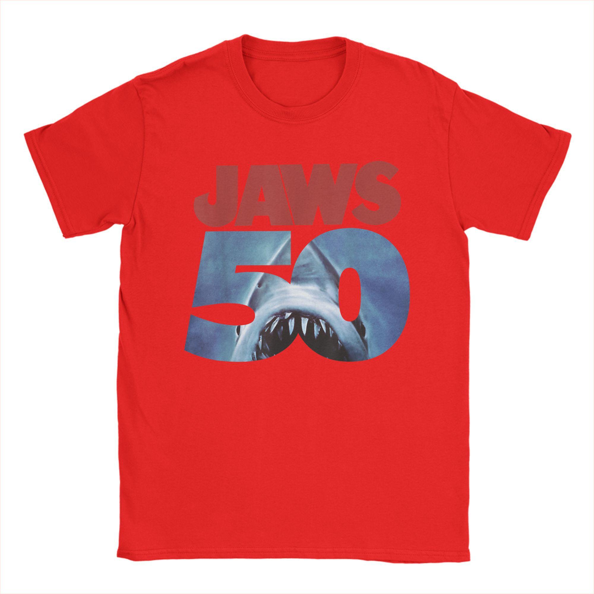 Men s T-Shirts Jaws 50th Anniversary Logo Novelty 100% Cotton Tees Short Sleeve Classic Movie T Shirt O Neck Clothes Plus Size S