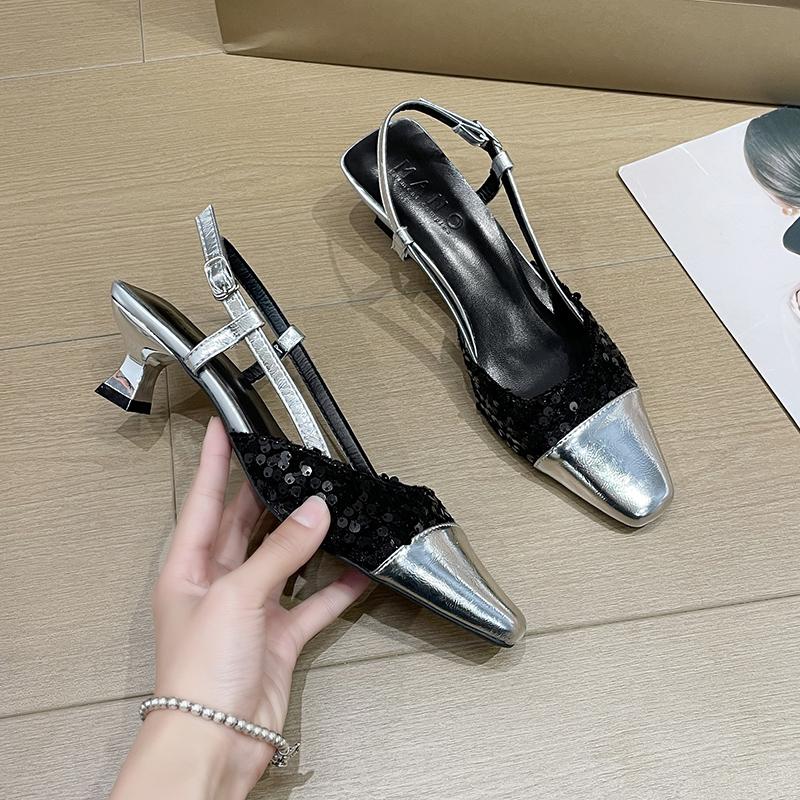 Fashion Women's Stiletto Sandals Summer New Square Head Sequin Cloth Line with Anti-slip Wear-resistant Low Heel Shoes