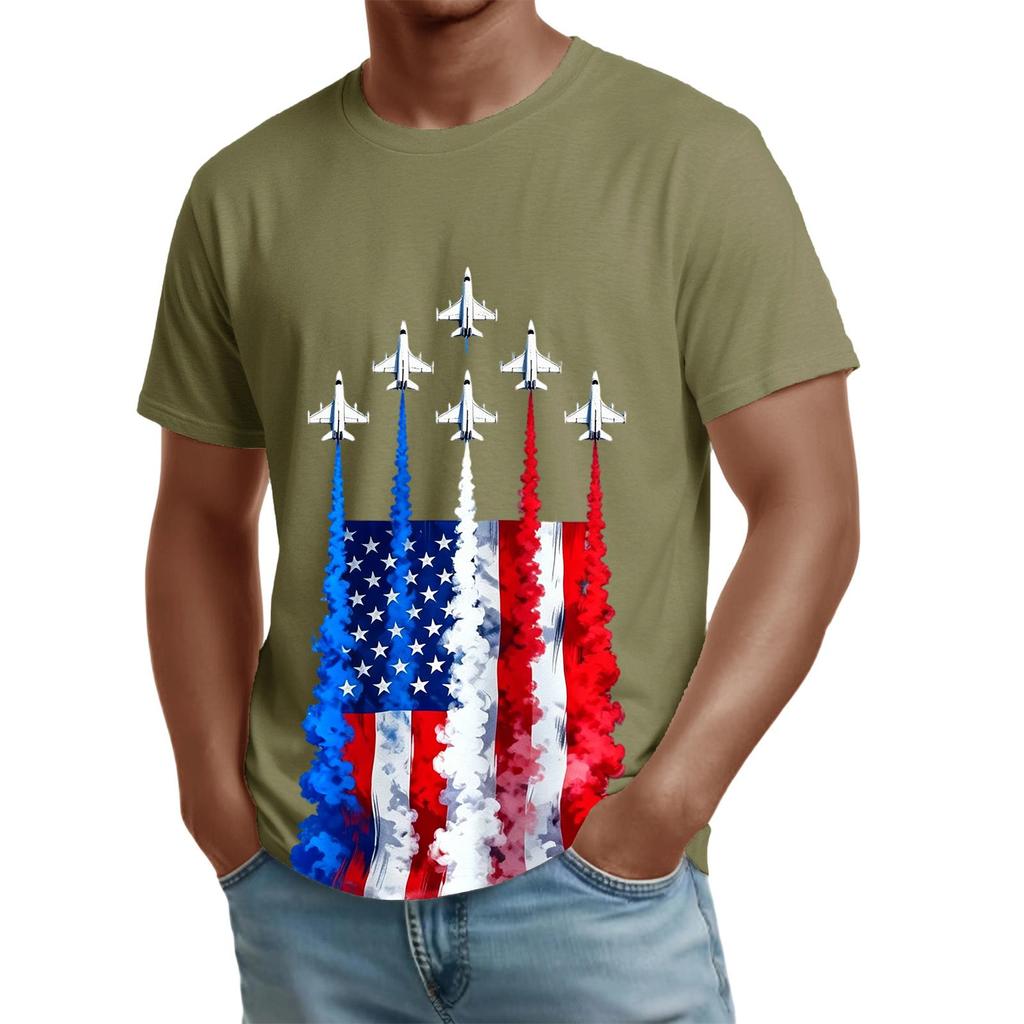 Herren T-Shirt mit kurzen Ärmeln und Rundhalsausschnitt mit Flaggen- und Düsenflugzeug-Grafikdruck, lässige Passform, Oberteil für den Alltag