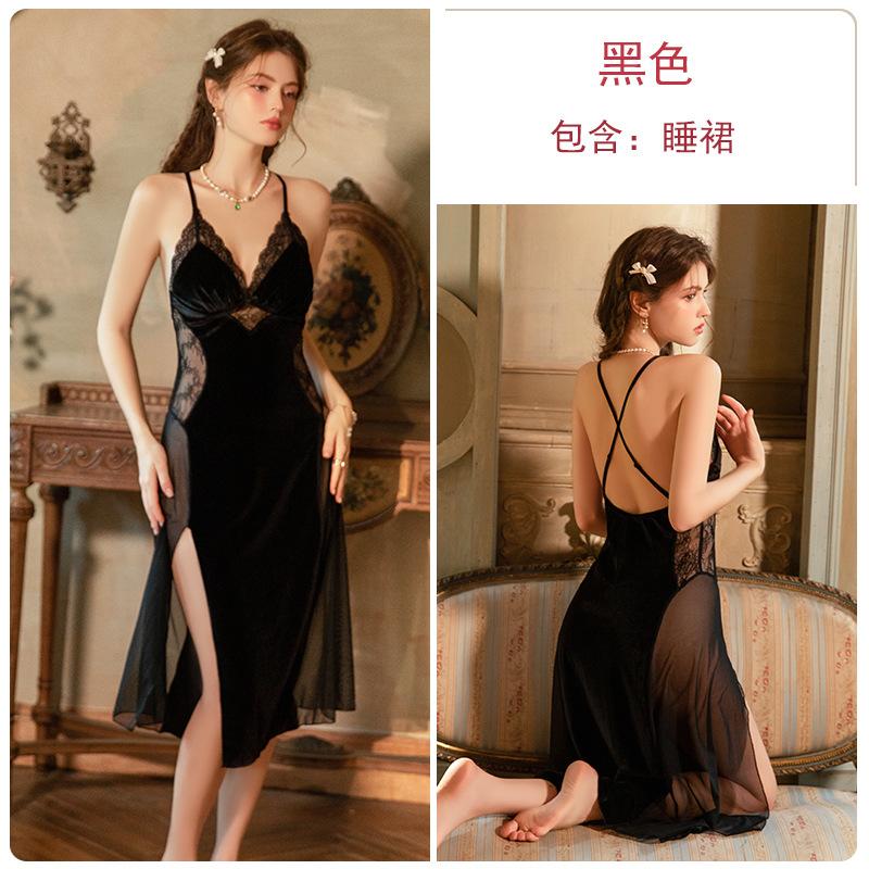 Light luxury pajamas velvet lace high slit sexy temptation nightdress satin robe loungewear set M