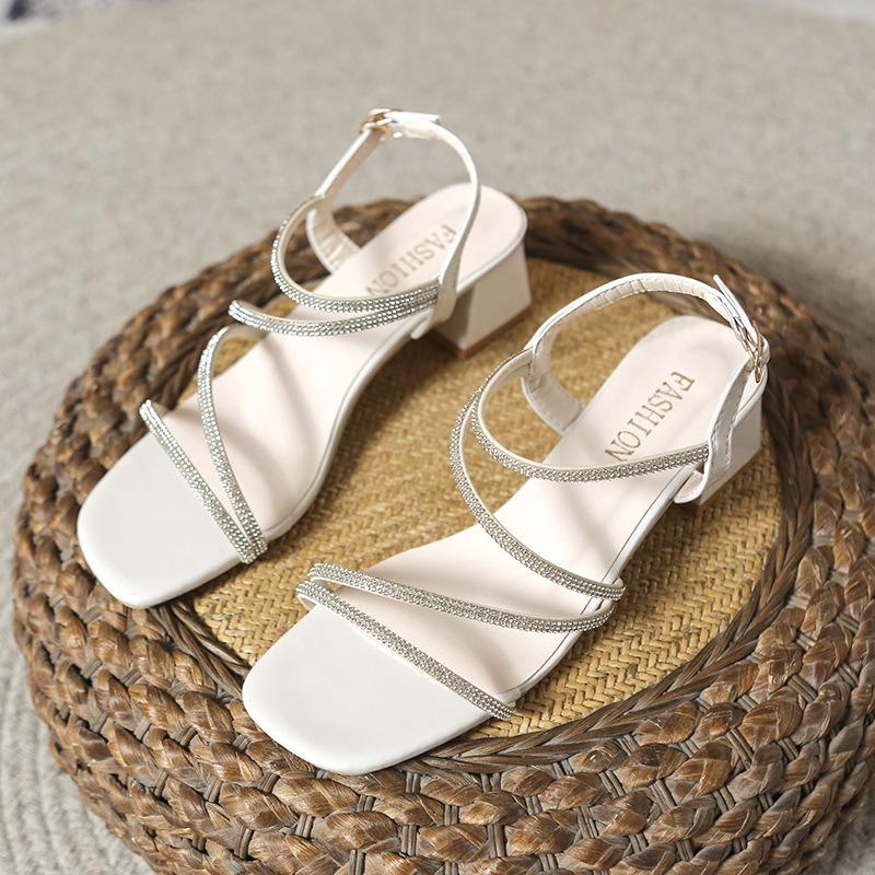 Fashion sandals summer British fashion versatile new square head rhinestone one-word buckle thick high-heeled women's shoes