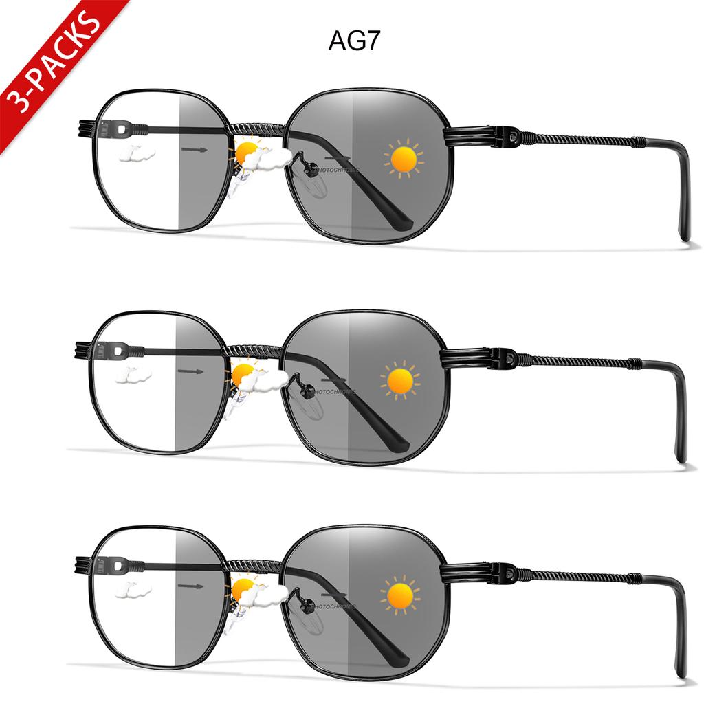 3 Pairs Anti-Blue Light Photochromic Reading Sunglasses Women Men Metal Round Trendy Classic Style Protection Unisex Eyewear