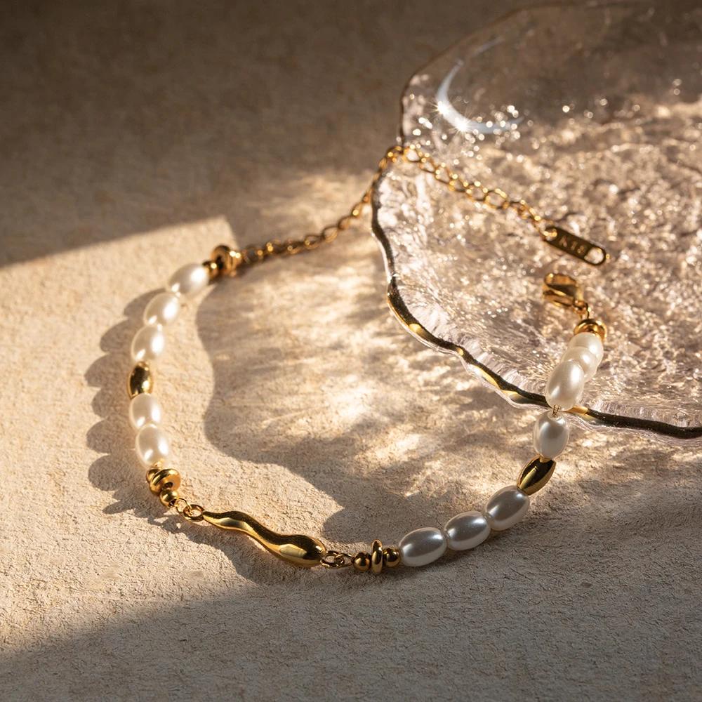 Glass Pearl Shaped Water Drop Cast Water Drop Bracelet Stainless Steel 18K Gold Plated Waterproof Summer Jewelry