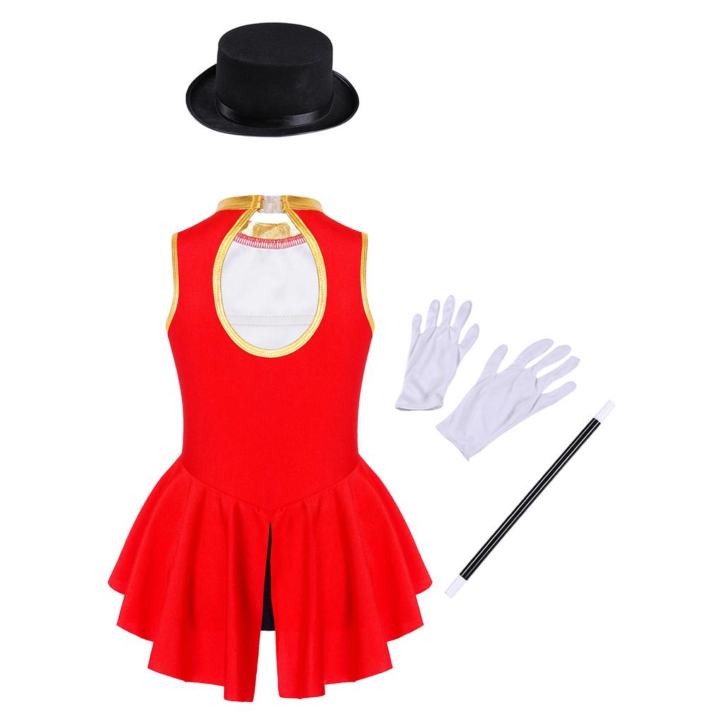Girls Ringmaster Costume Sleeveless Leotard Round Neck Cutout Back with Hat Magic Gloves Circus Cosplay Outfit